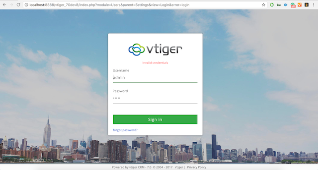 vtiger login screen
